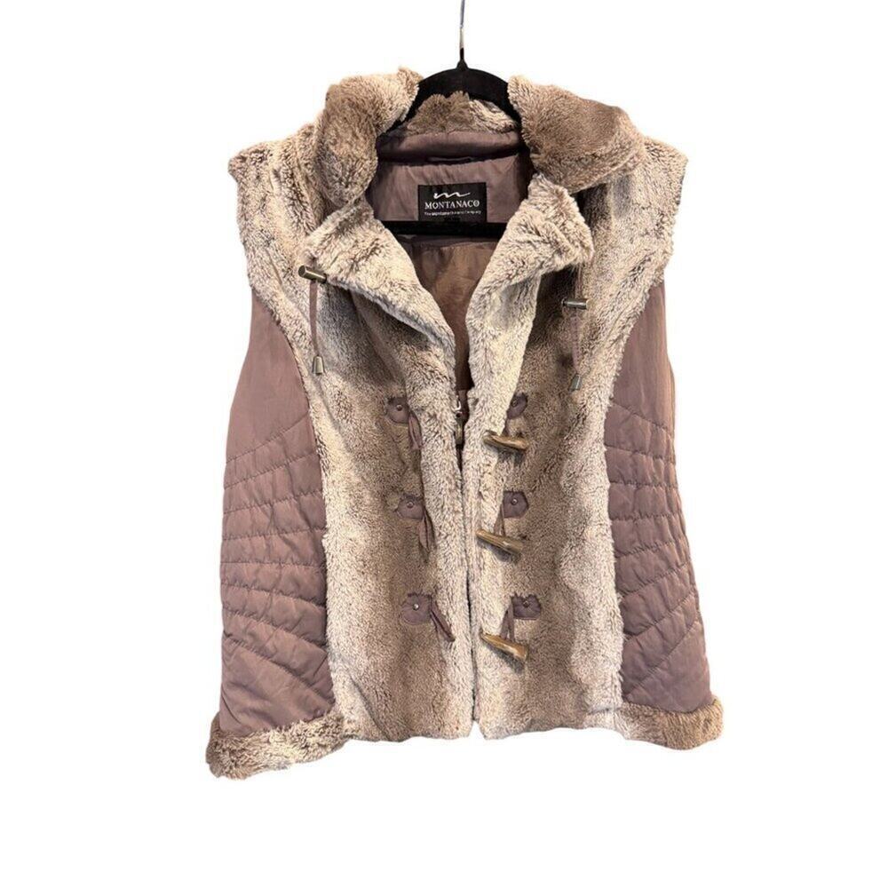 Montanaco Brown & Beige Faux Fur Lined Quilted Vest Womens Size Large